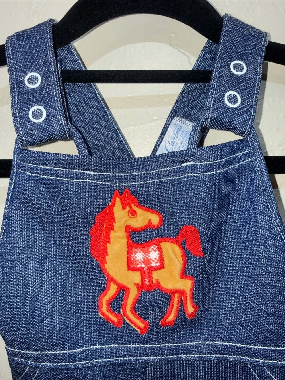 Carter's Vintage Navy Denim Overalls Red & Orange Horse Patch Single Stitch USA